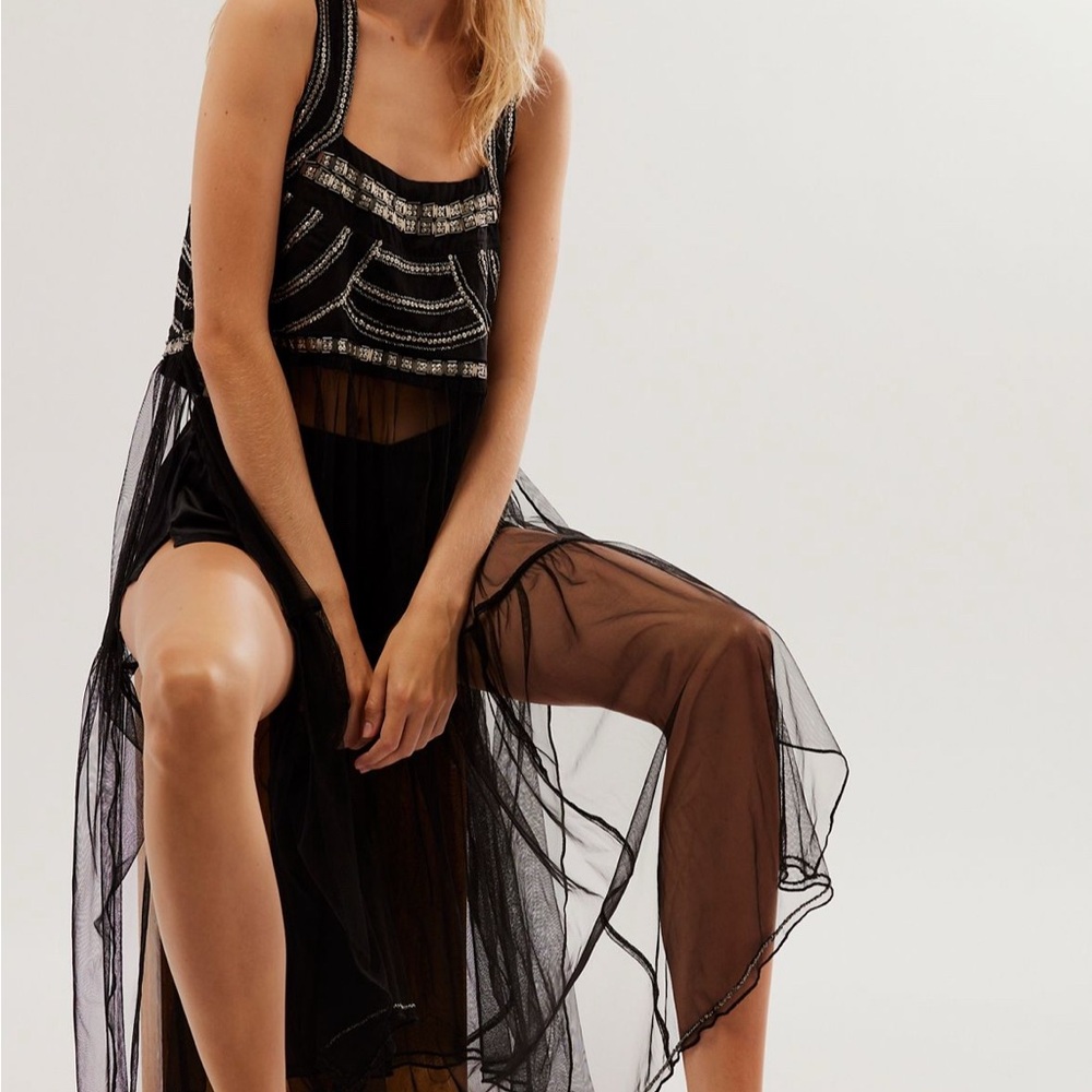 FP Free People Midnight Melodies Black and Silver Embellished Sheer Top NWT - Picture 4 of 4
